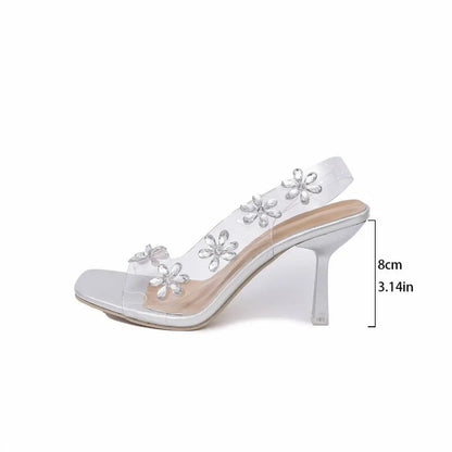 Square Toe Rhinestone Sandals with Transparent Strap