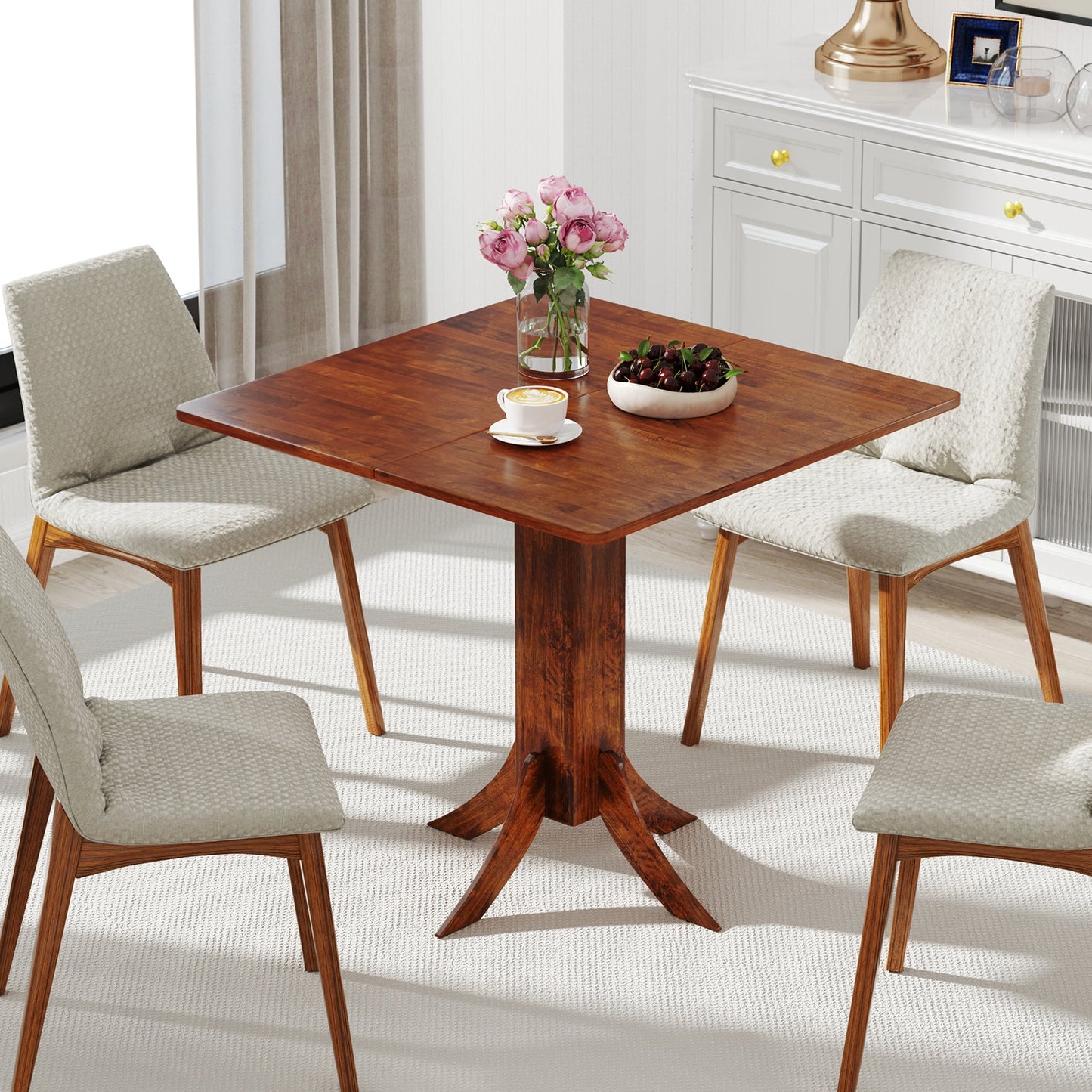 Square Dining Table with Pedestal Base and Rubber Wood Frame-Walnut