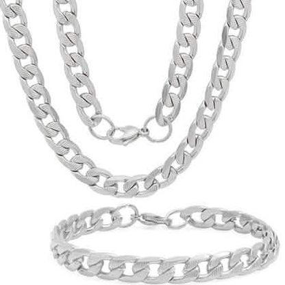Steeltime Men's 8mm Stainless Steel Diamond Cut Cuban Link Chain Necklace and Bracelet