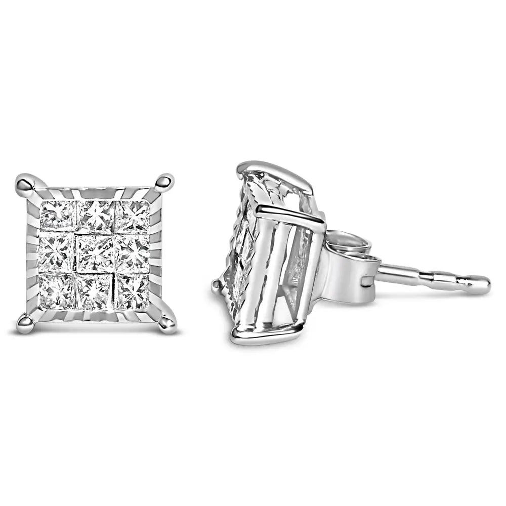 Sterling Silver 1/2 Cttw Princess Diamond Invisible Square Stud Earrings