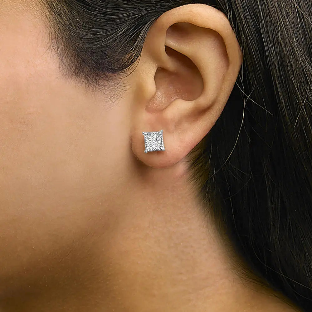Sterling Silver 1/2 Cttw Princess Diamond Invisible Square Stud Earrings
