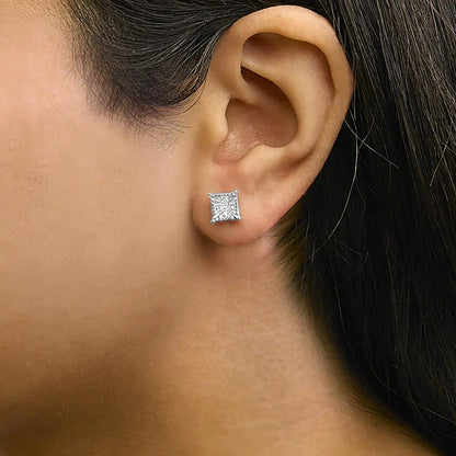 Sterling Silver 1/2 Cttw Princess Diamond Invisible Square Stud Earrings