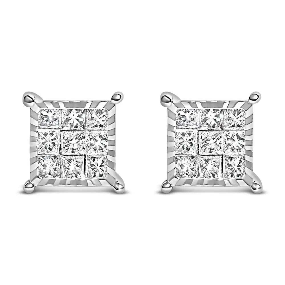 Sterling Silver 1/2 Cttw Princess Diamond Invisible Square Stud Earrings