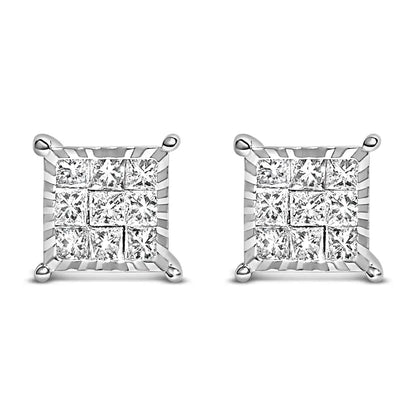 Sterling Silver 1/2 Cttw Princess Diamond Invisible Square Stud Earrings