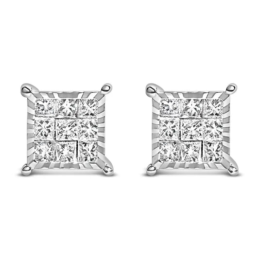 Sterling Silver 1/2 Cttw Princess Diamond Invisible Square Stud Earrings