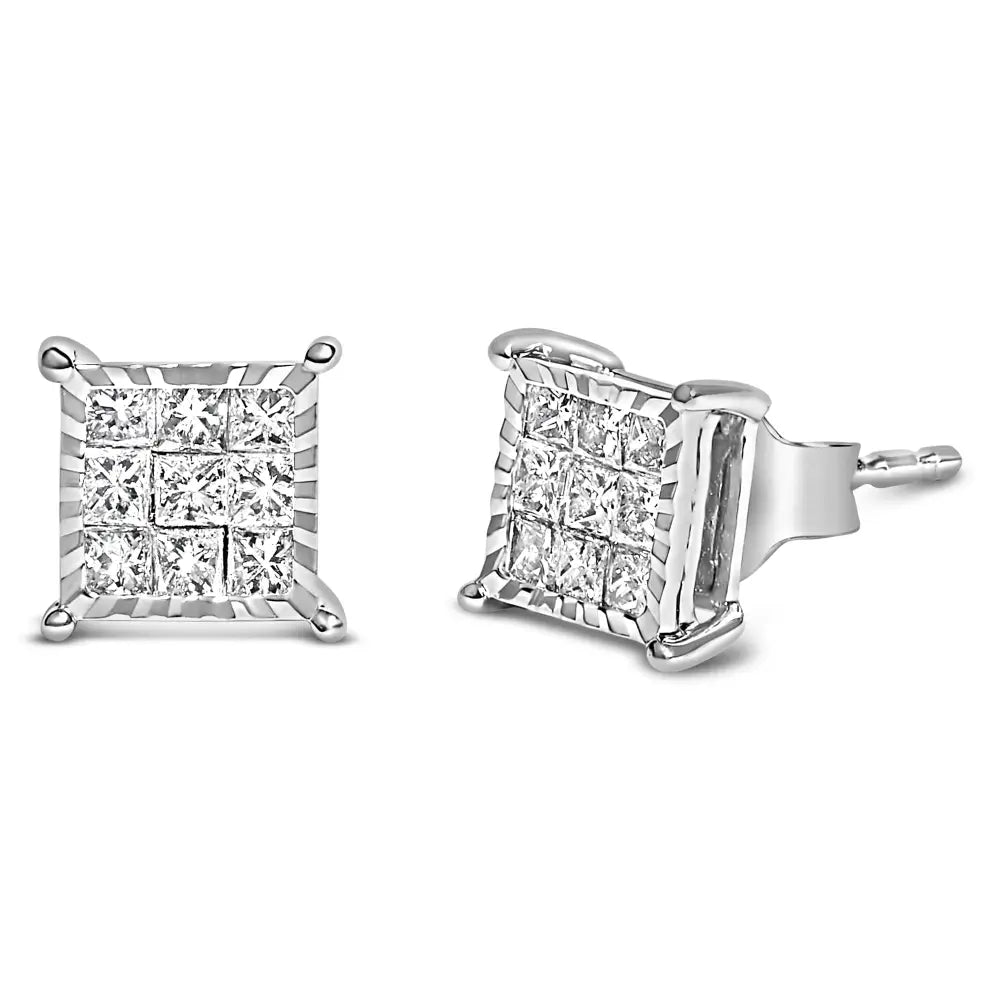 Sterling Silver 1/2 Cttw Princess Diamond Invisible Square Stud Earrings