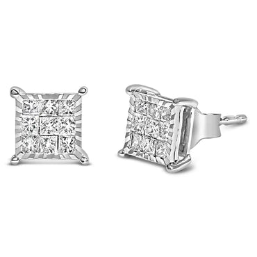Sterling Silver 1/2 Cttw Princess Diamond Invisible Square Stud Earrings