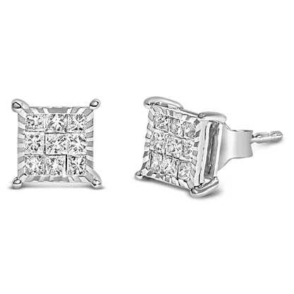 Sterling Silver 1/2 Cttw Princess Diamond Invisible Square Stud Earrings