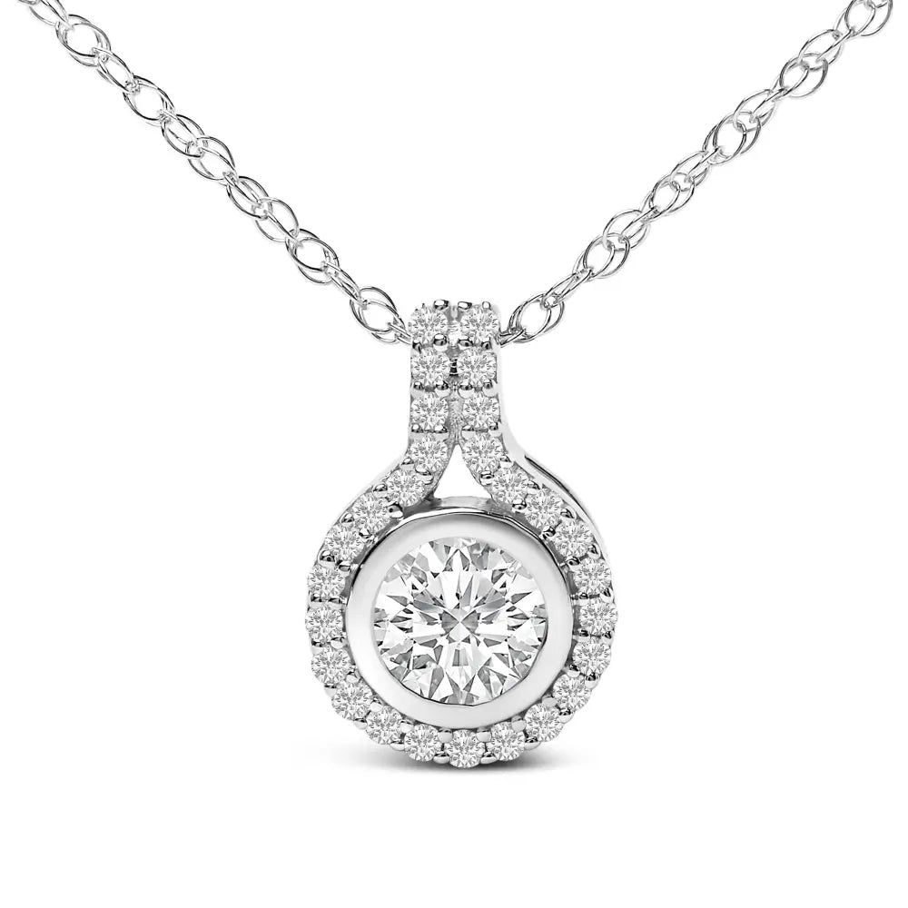 Sterling Silver 3/4 Cttw Lab Grown Diamond Halo Pendant Necklace 18 Inch