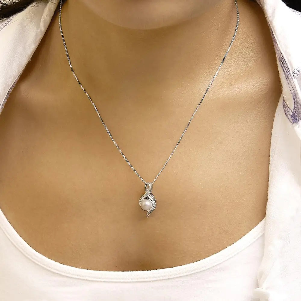 7mm Freshwater Pearl and Diamond Swirl Pendant in Sterling Silver