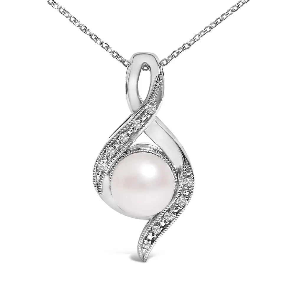7mm Freshwater Pearl and Diamond Swirl Pendant in Sterling Silver