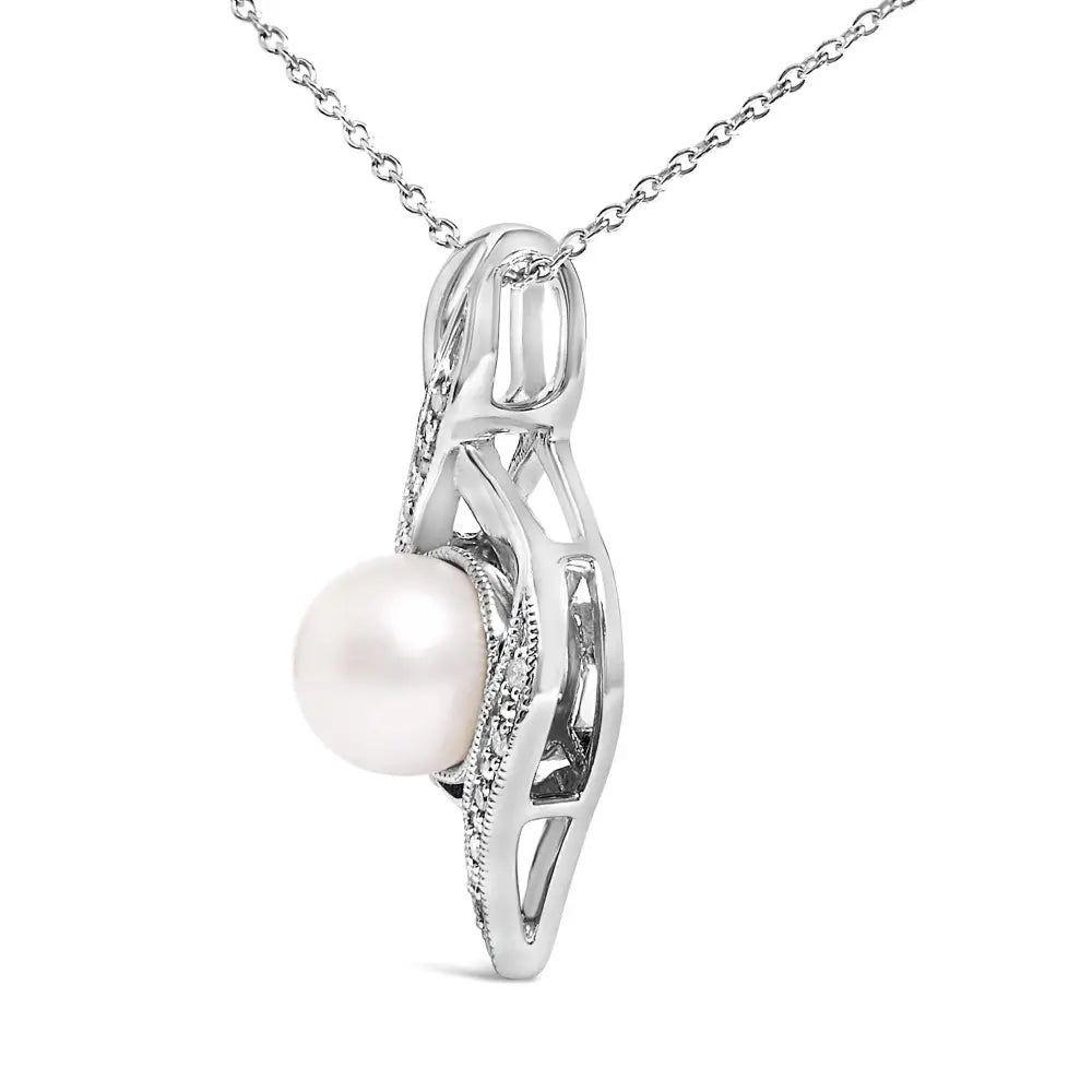 7mm Freshwater Pearl and Diamond Swirl Pendant in Sterling Silver
