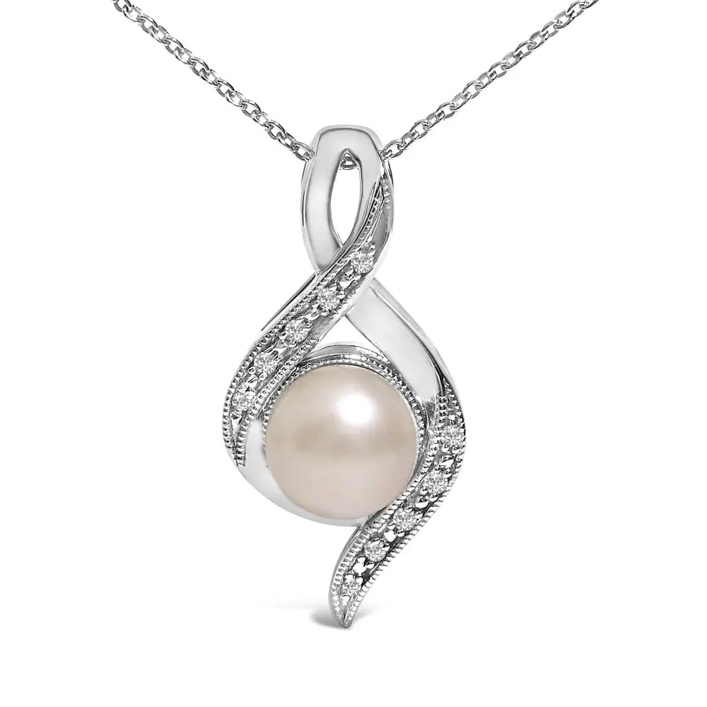 7mm Freshwater Pearl and Diamond Swirl Pendant in Sterling Silver