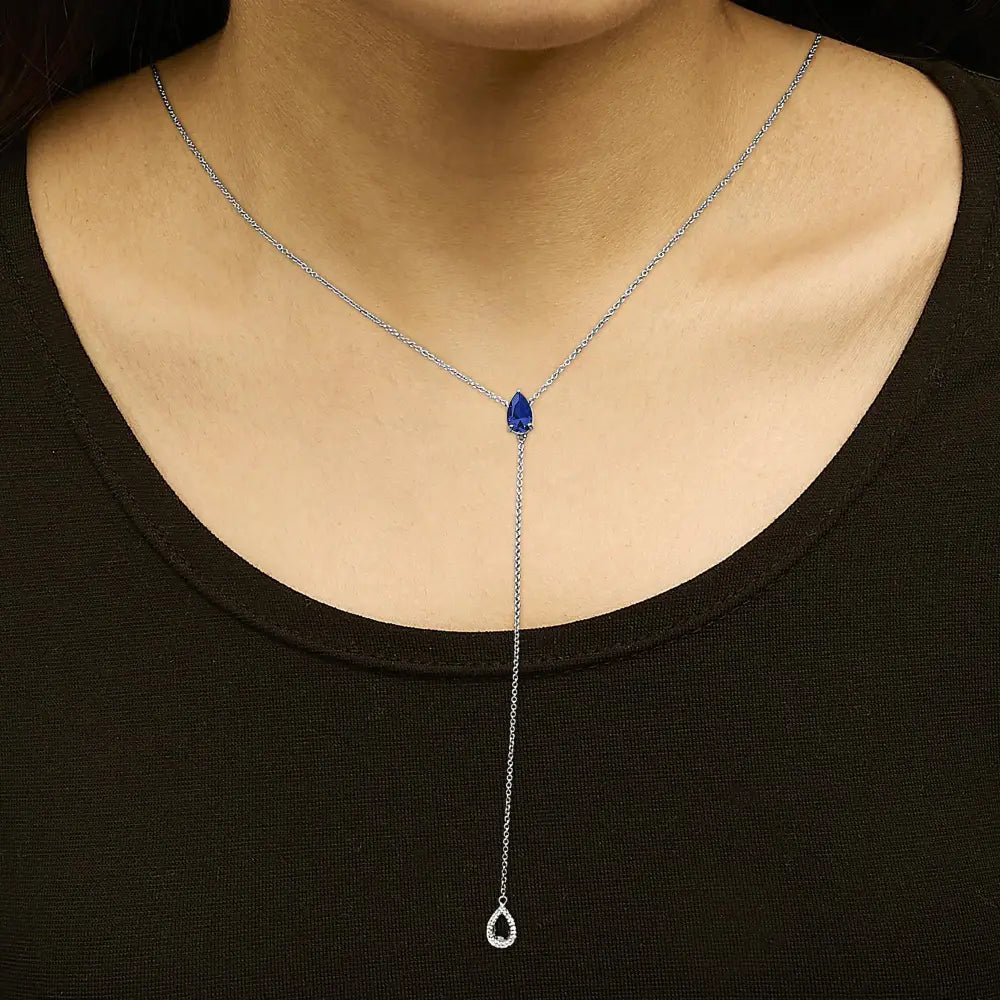 Sterling Silver Pear Lab Blue Sapphire and Diamond Accent Y Necklace
