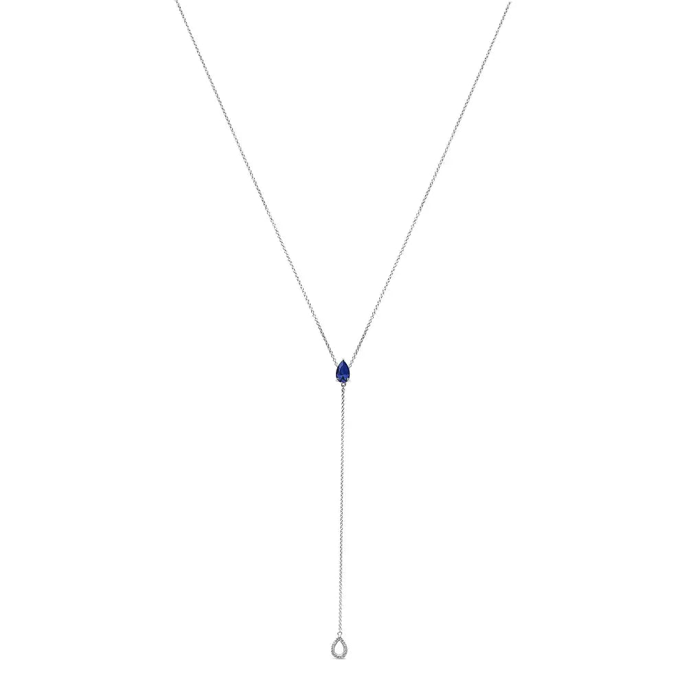 Sterling Silver Pear Lab Blue Sapphire and Diamond Accent Y Necklace