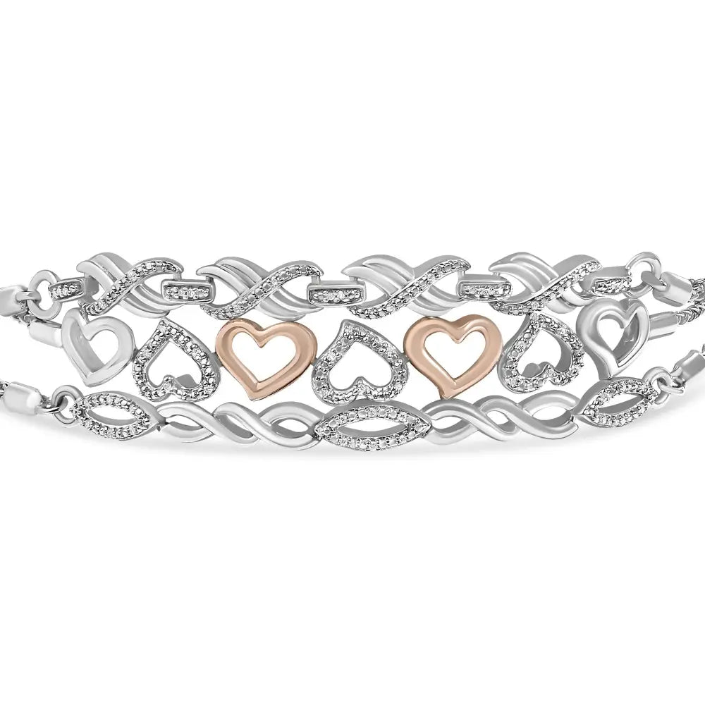 Sterling Silver Diamond Accent 3 Piece Adjustable Heart Bolo Bracelet Set