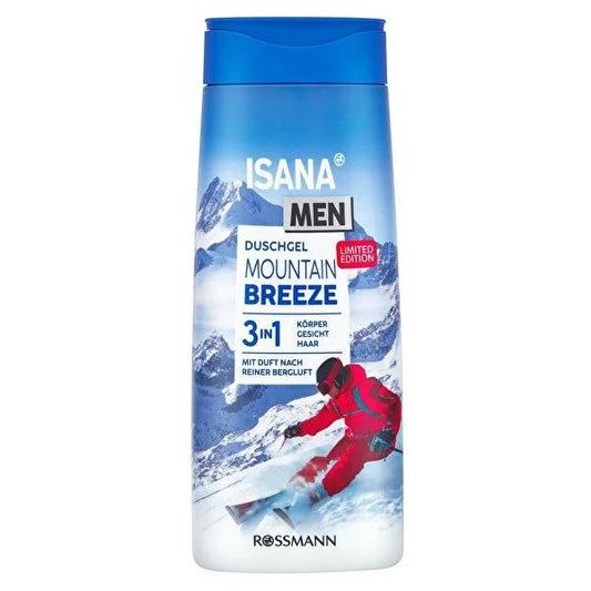 Isana Men's 3-in-1 Shower Gel - Refreshing Mountain Breeze Scent, Dermatologically Tested, pH Balanced for Sensitive Skin