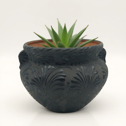 Talavera Floral Pot | Handmade Black Design