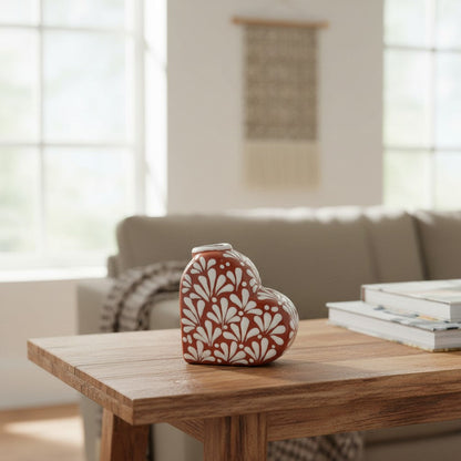 Talavera Heart Vase | Brown & White Butterfly Design