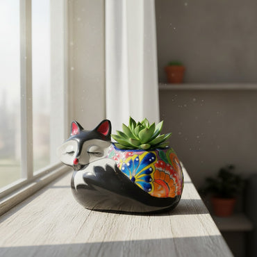 Talavera Sleeping Fox Planter | Hand-Painted Mexican Pottery
