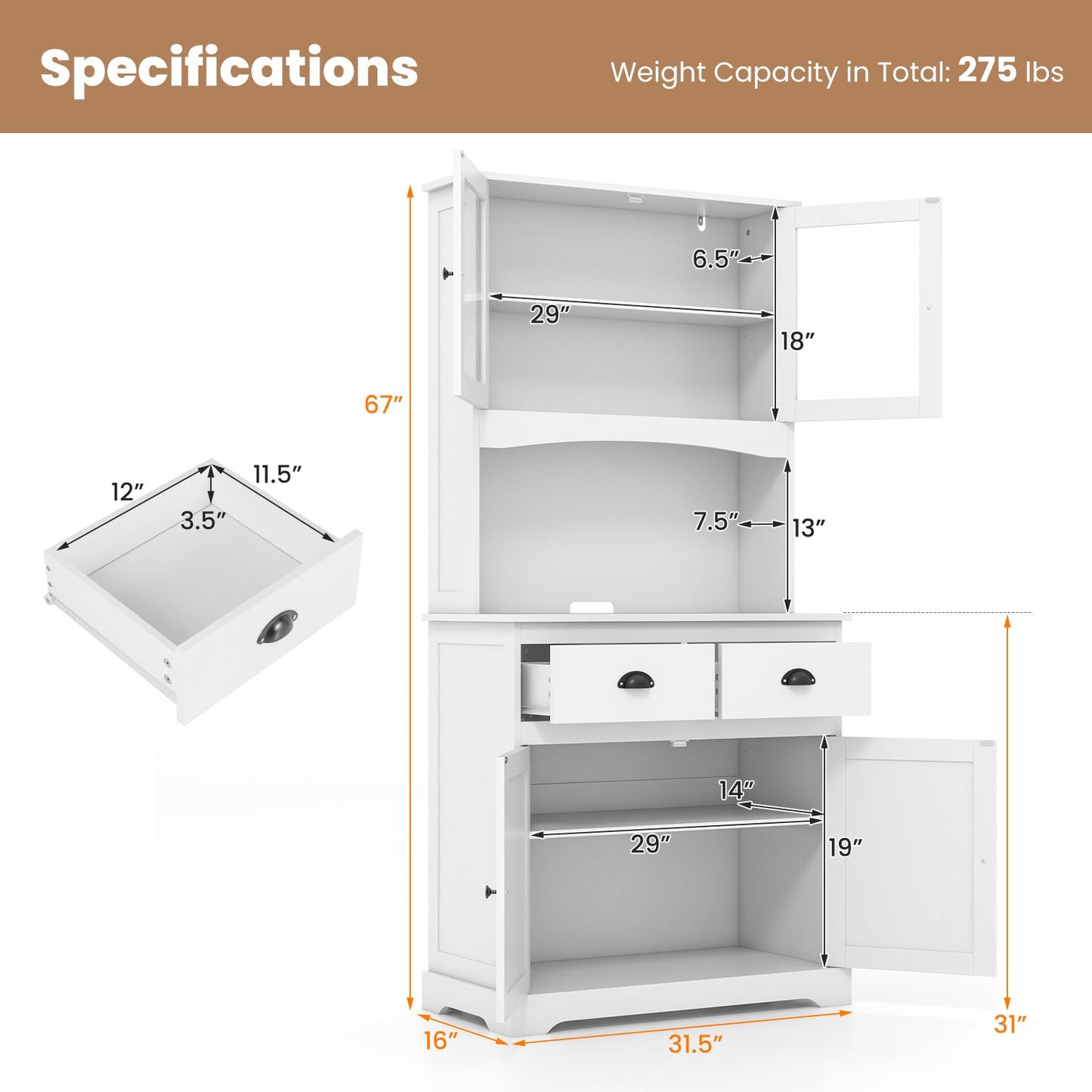 Tall Sideboard with 2 Drawers and Adjustable Shelves