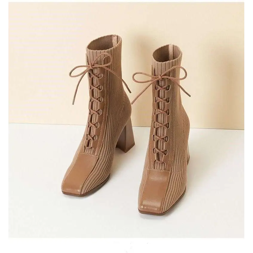 Tan Lace Up Square Toe Chunky Heel Knit Boots