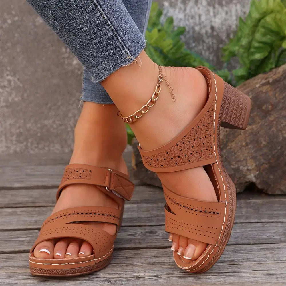 Tan Leather Summer Casual Chunky Heel Sandals