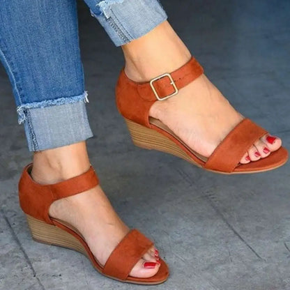 Tan Suede Wedge Buckle Strap Plus Size Sandals