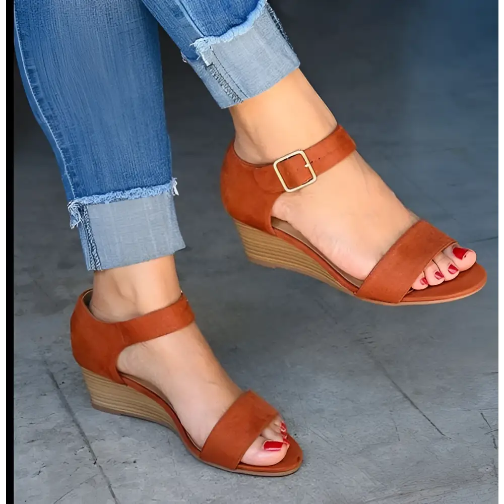 Tan Suede Wedge Buckle Strap Plus Size Sandals