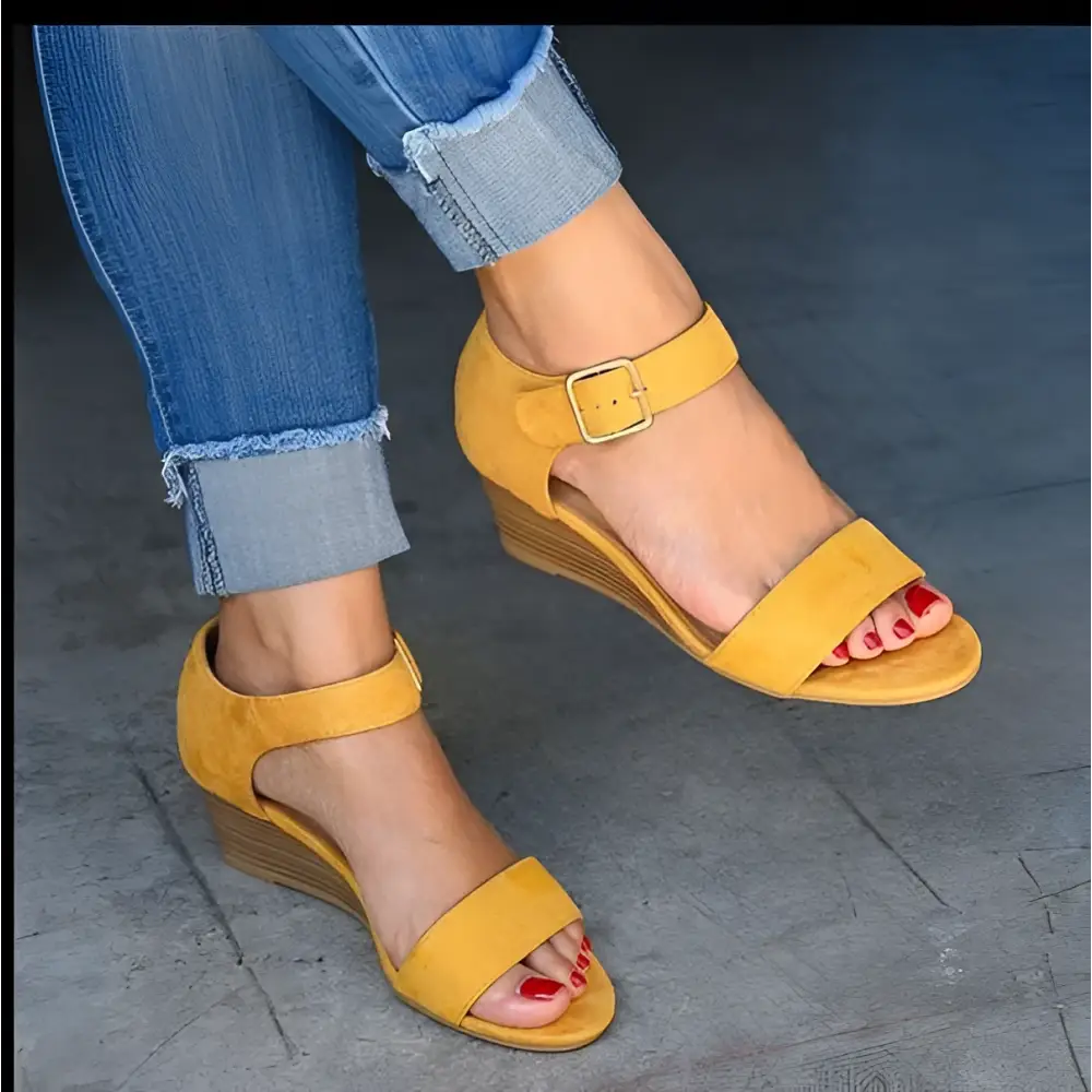 Tan Suede Wedge Buckle Strap Plus Size Sandals