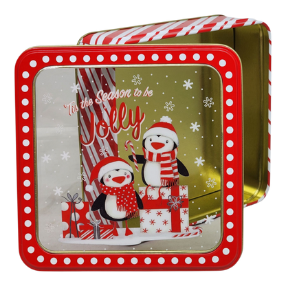 Square Cookie Tin with Window - Tis the Season to be Jolly Penguins