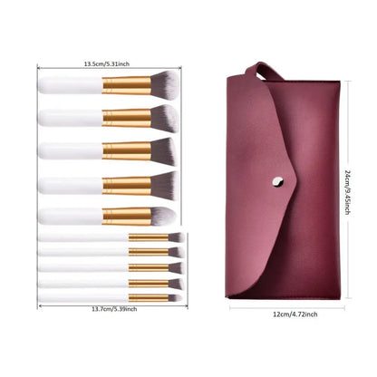 Ten Piece Makeup Brush Set with Maroon Case