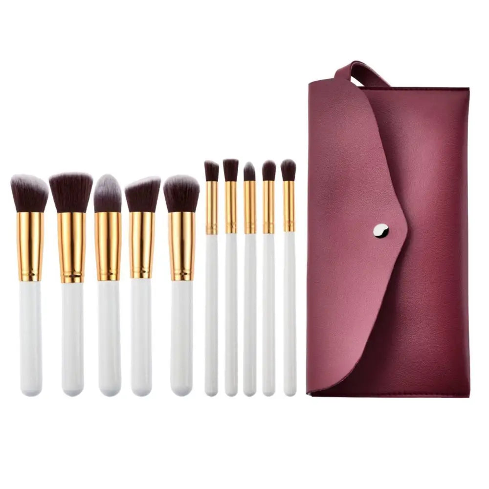 Ten Piece Makeup Brush Set with Maroon Case