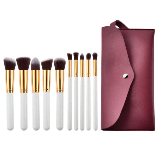 Ten Piece Makeup Brush Set with Maroon Case