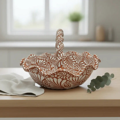 Terracotta & White Talavera Basket | Handmade Ceramic Bowl