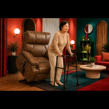 Lift Recliner Chair Power Faux Leather Brown Dual Motor Heat Massage 350 LB