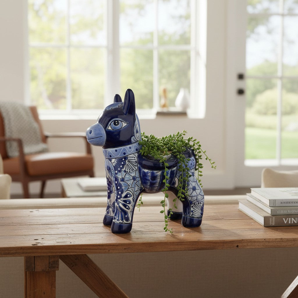 Blue Talavera Donkey Planter | Handmade Mexican Pottery