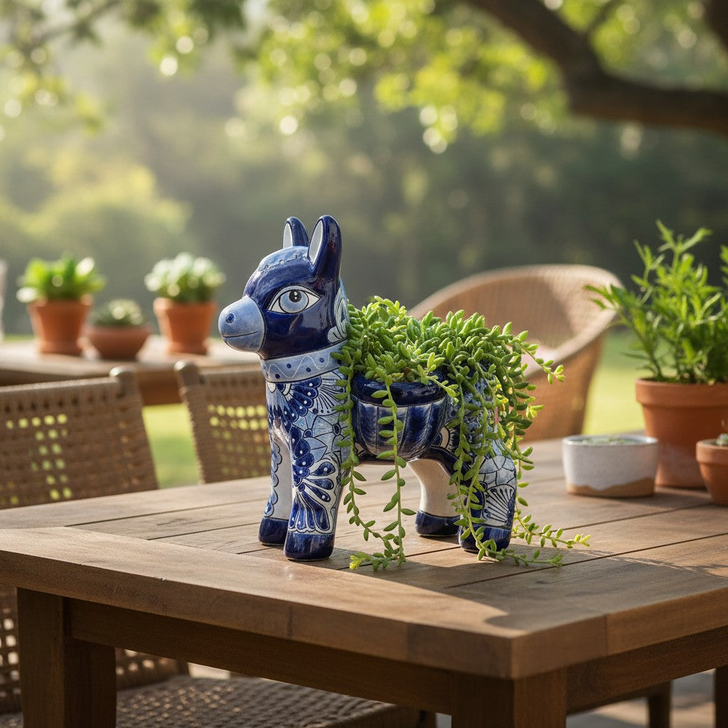 Blue Talavera Donkey Planter | Handmade Mexican Pottery