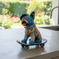Talavera Frenchie Statue | Colorful Skateboarding Bulldog Art