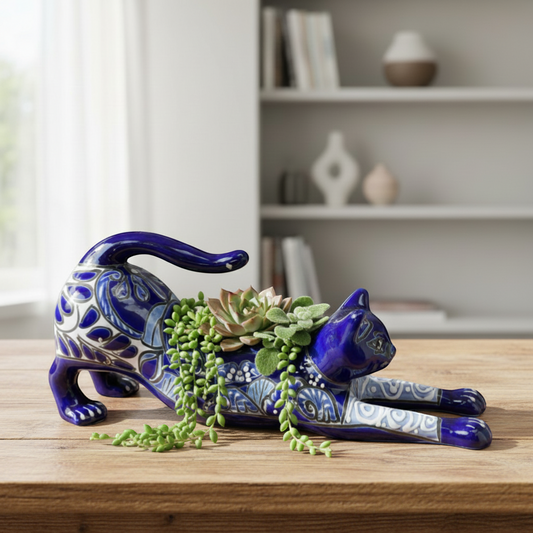 Blue Talavera Stretching Cat Planter | Mexican Folk Art Decor
