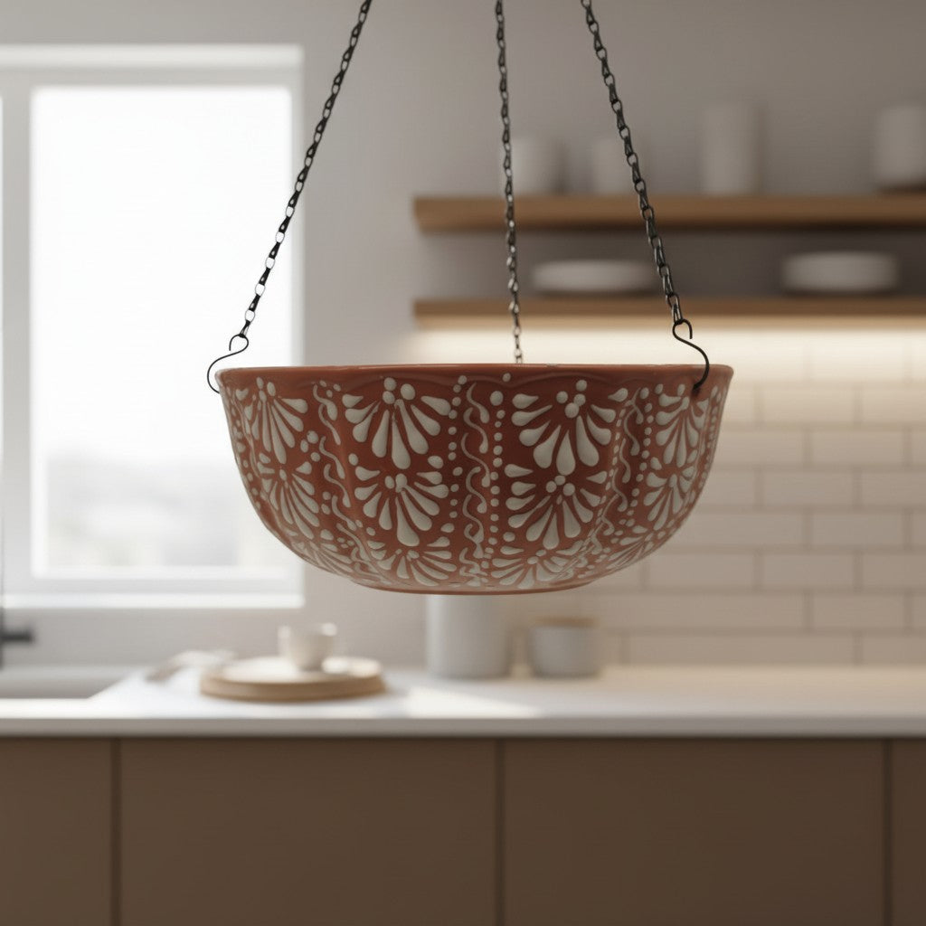 Brown & White Talavera Hanging Planter | Mexican Ceramic Pot