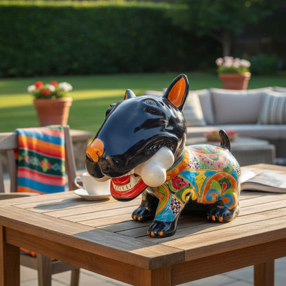 Talavera Bull Terrier Decor | Hand-painted Ceramic Dog with Bone