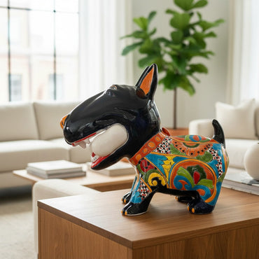 Talavera Bull Terrier Decor | Hand-painted Ceramic Dog with Bone
