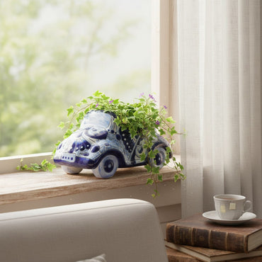Small Talavera Car Planter | Blue & White Handmade Ceramic Pot