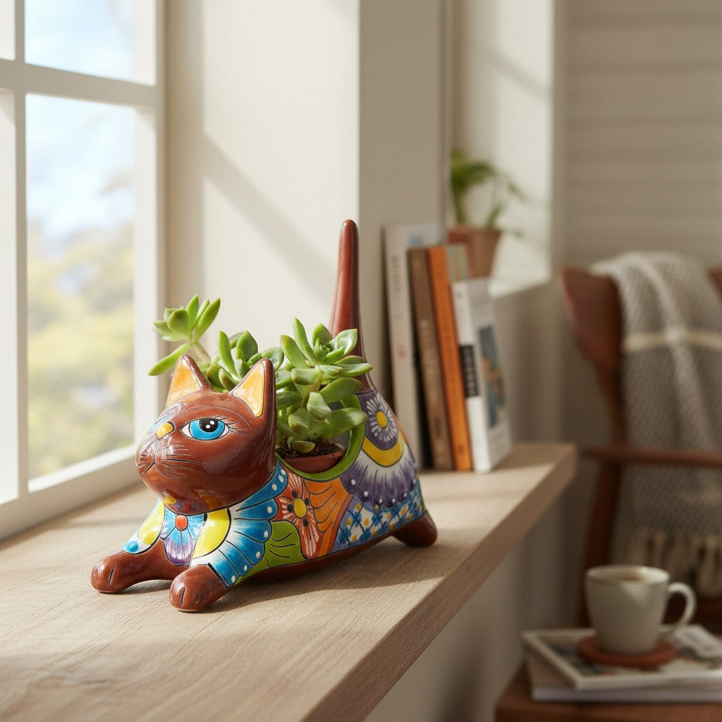 Talavera Cat Planter | Colorful Handmade Stretching Animal Pot