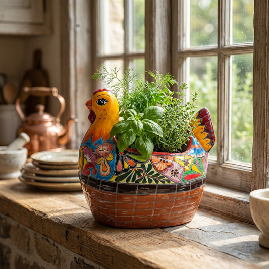 Talavera Chicken Planter | Hand-Painted Mexican Ceramic Statue