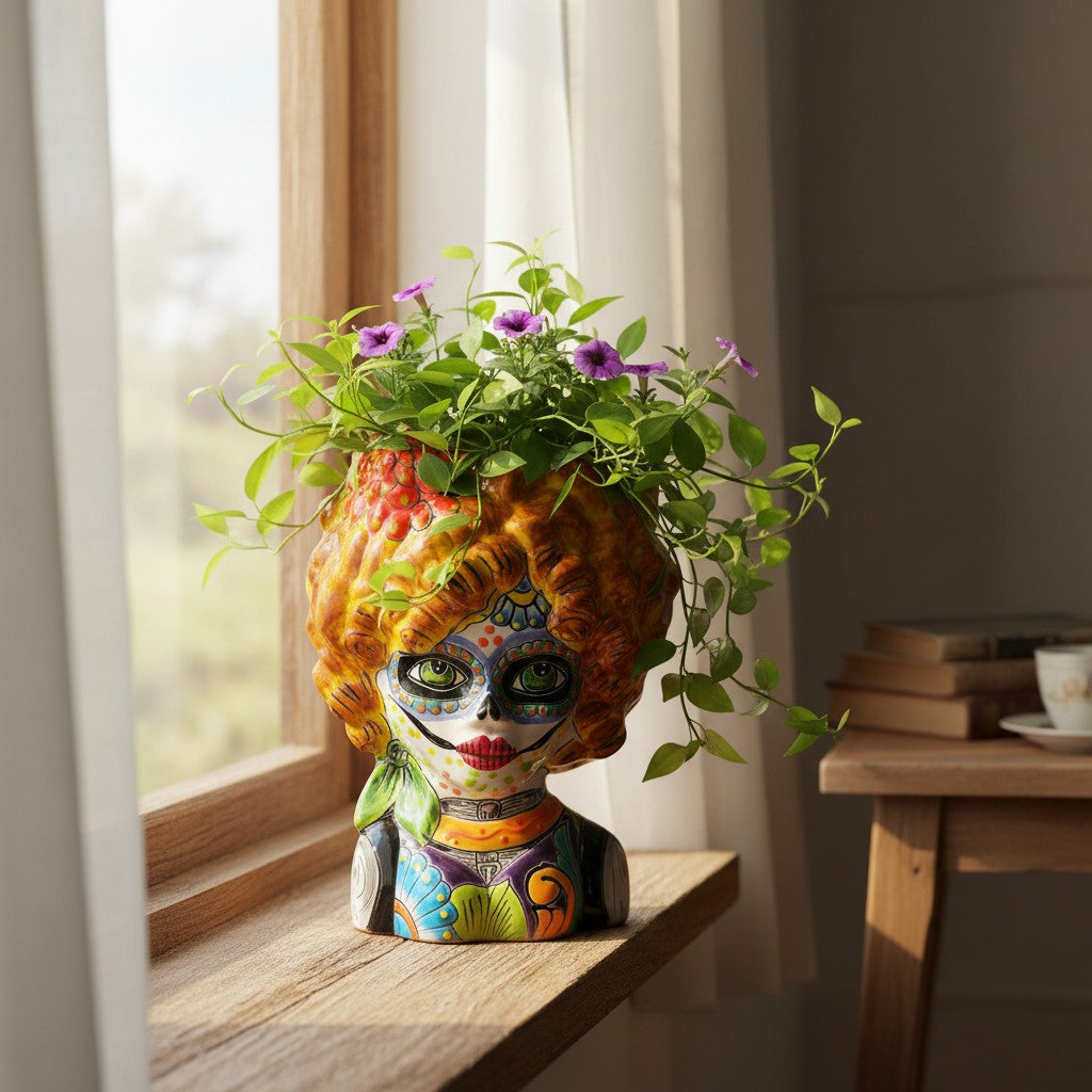 Colorful Talavera Lady Skull Planter | Day of the Dead Decor