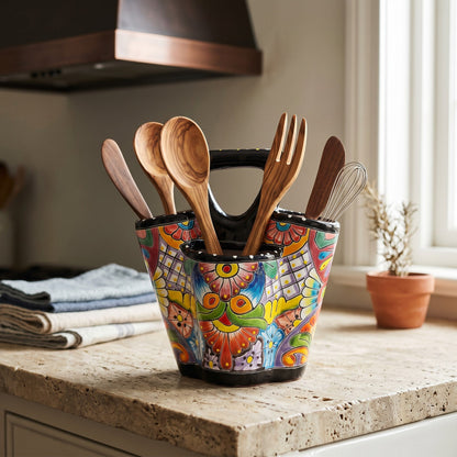 Talavera Utensil Holder | Hand-Painted Mexican Kitchen Organizer