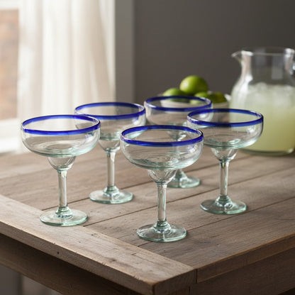 Hand-Blown Mexican Margarita Glass | Classic Cobalt Rim