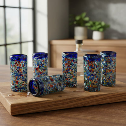 Confetti Double Shot Glass | Hand-Blown Mexican Blue Rim